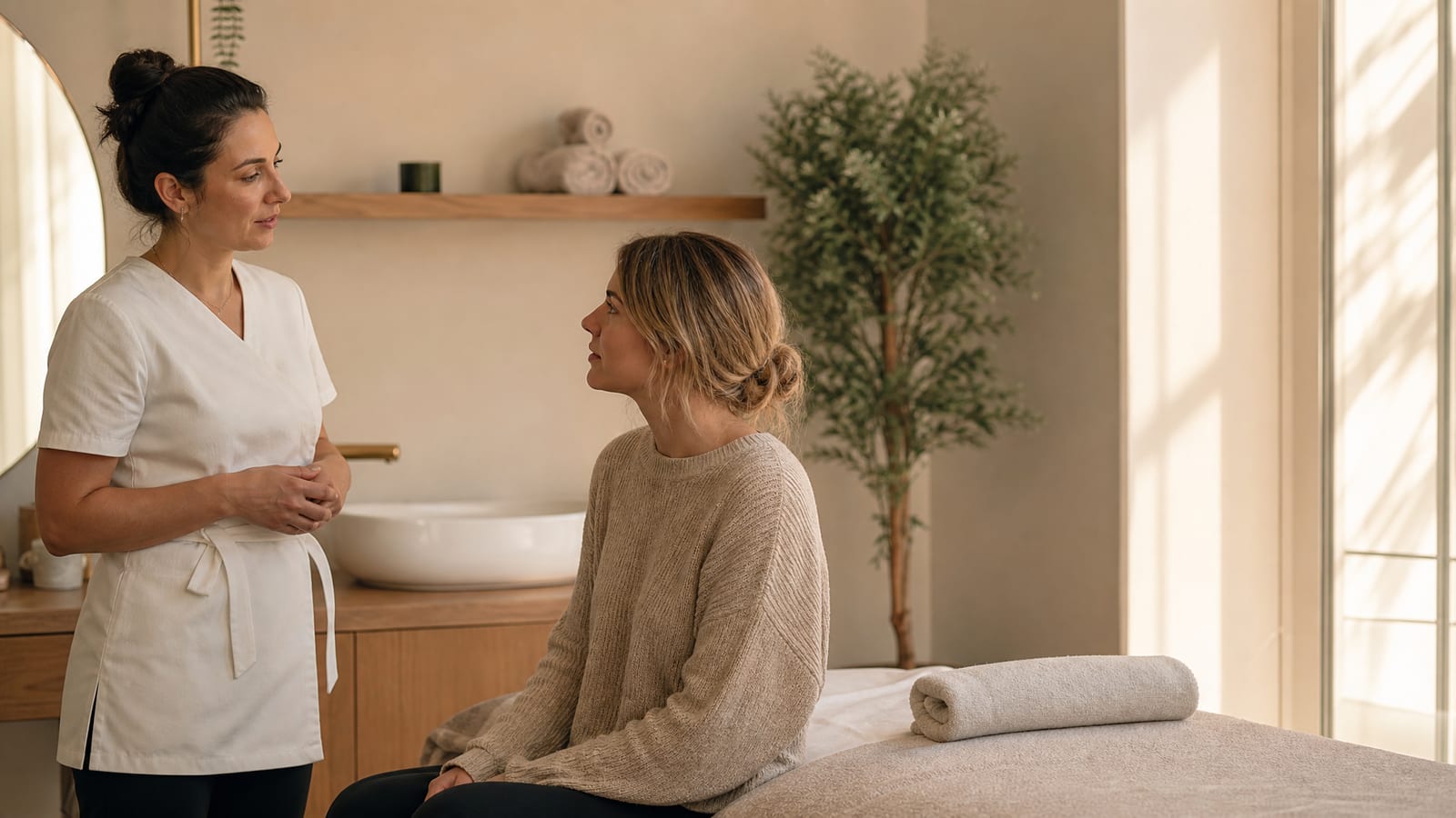 Kosmetolożka rozmawia z klientką przy stanowisku zabiegowym w salonie beauty